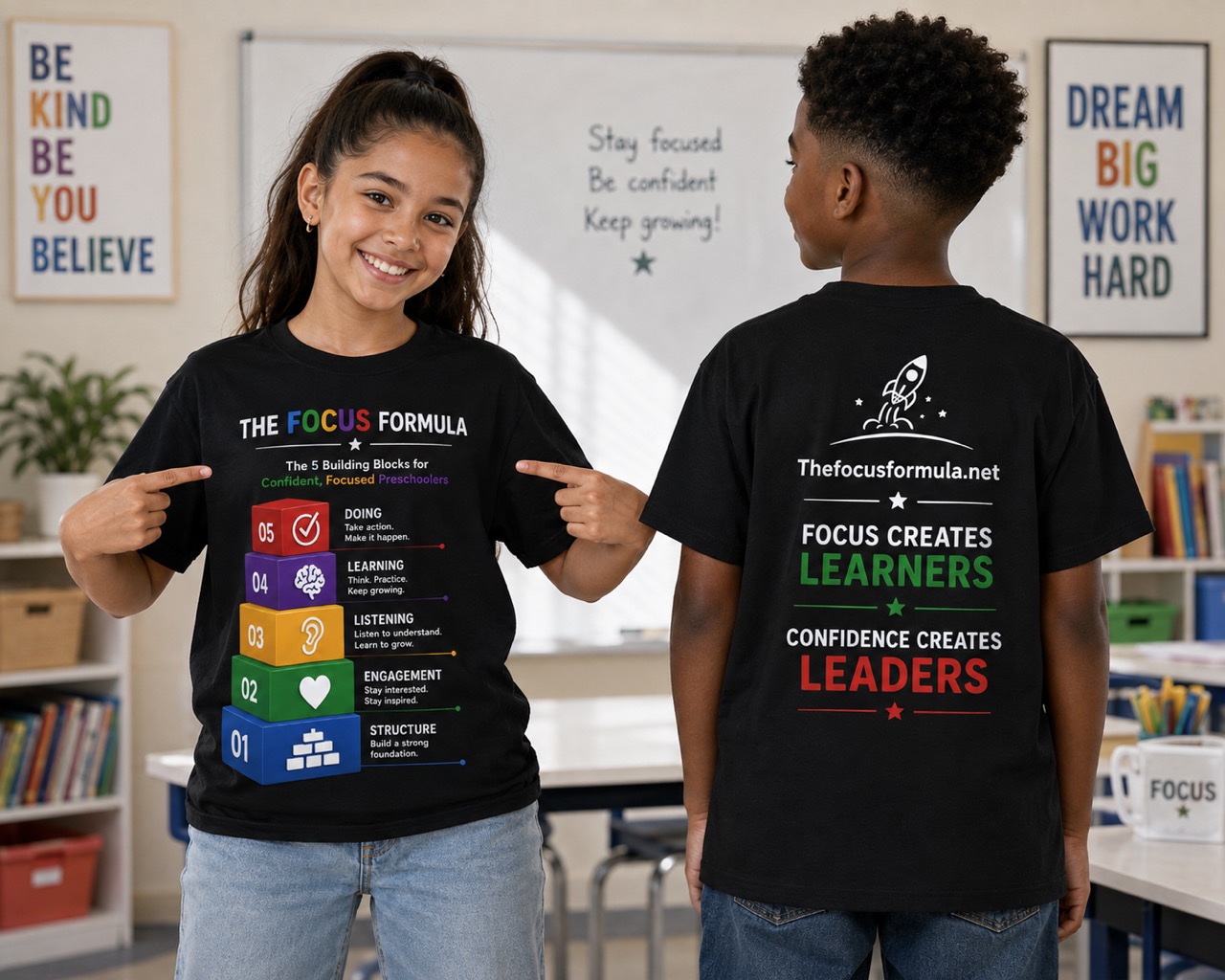 Two children wearing black Focus Formula T-shirts in a classroom